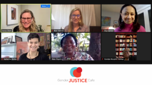 screenshot of zoom with six windows of smiling women from around with world, with Gender Justice Cafe logo at bottom