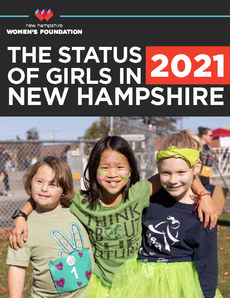 Cover of Status of Girls in NH 2021 report, with photo of three smiling girls.