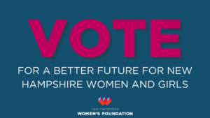 red VOTE on blue background — "for a better future for women and girls" in white below